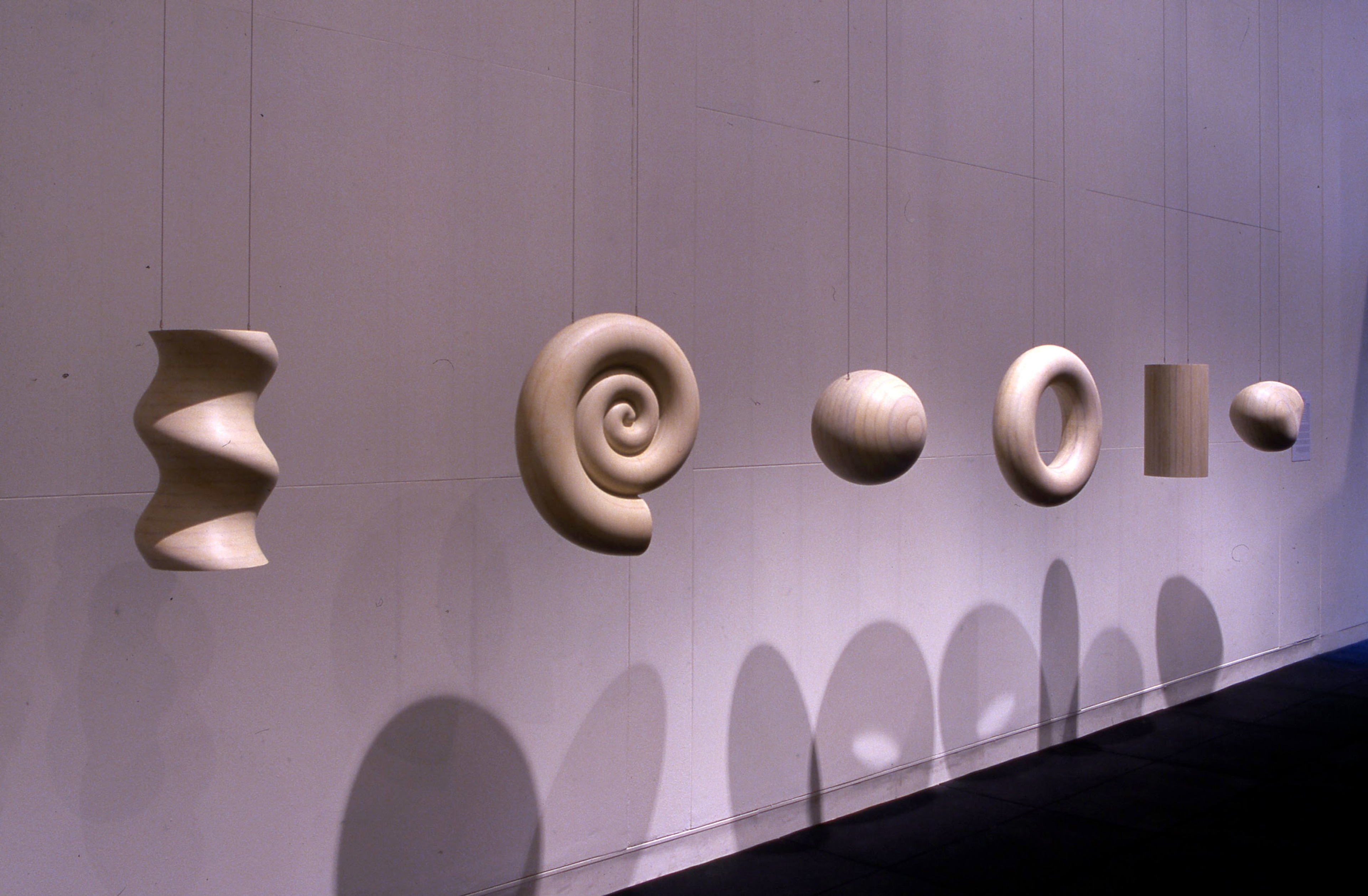 Jacky Redgate, Equal Solids – Volume 25, 196,000 cubic mm each, 1992-1994, all comprising craftwood, sealer, nylon, and stainless steel strand. Installation view, The Numbers Game, Adam Art Gallery Te Pātaka Toi, Victoria University of Wellington, 2000