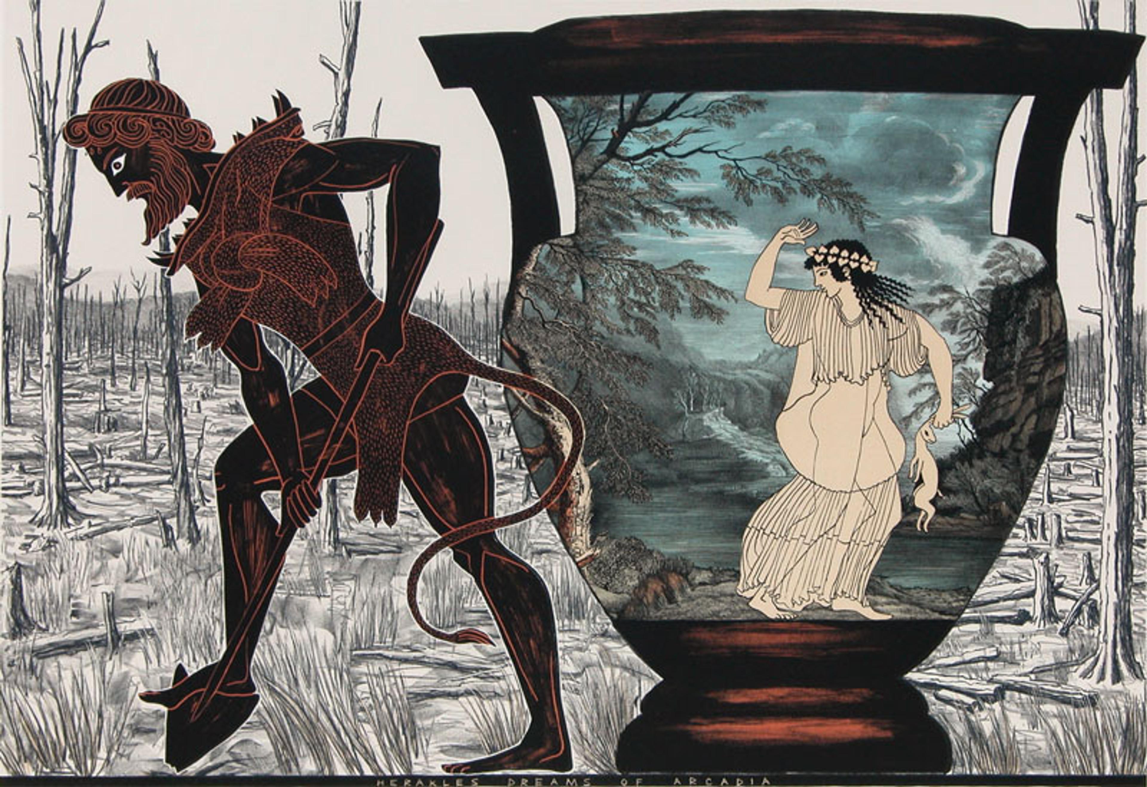 Marian Maguire, Herakles dreams of Arcadia, plate 7 from The Labours of Herakles, 2007, colour lithograph, Ngā Puhipuhi o Te Herenga Waka—Victoria University of Wellington Art Collection, purchased 2010. 
