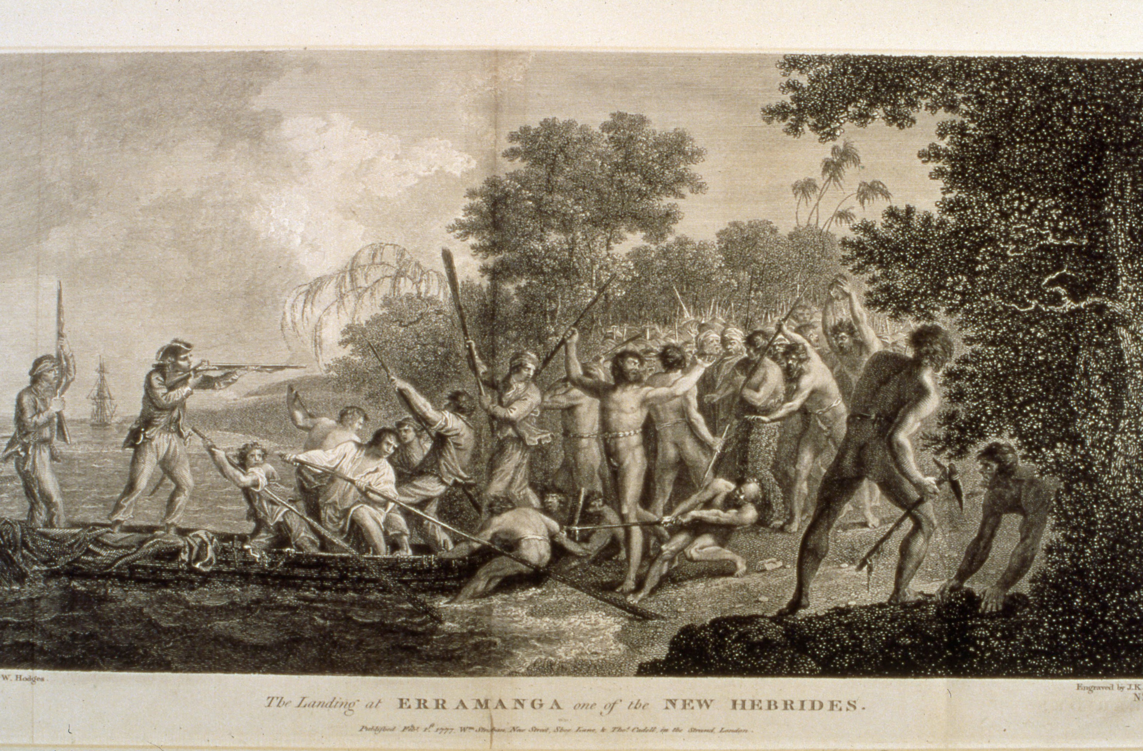 John Keyse Sherwin after William Hodges, The landing at Erramanga, one of the New Hebrides, 1777, engraving from James Cook, A voyage towards the South Pole, 1777, II, plate 62, fp. 54. Private collection.
