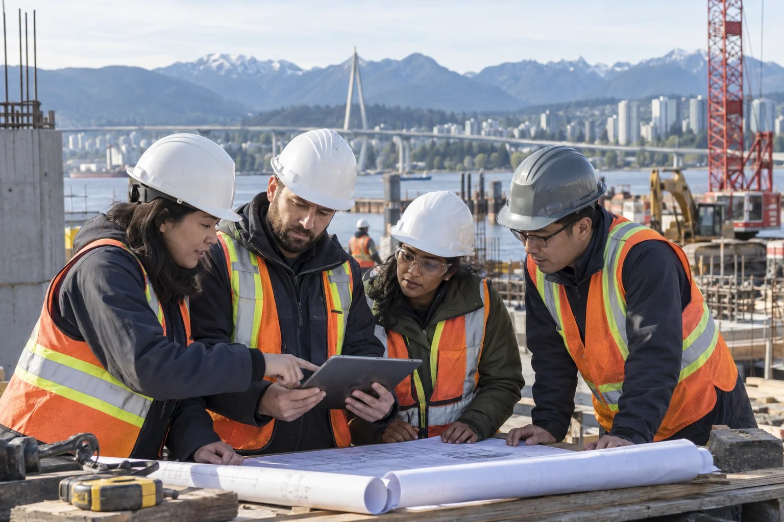 Engineers reviewing plans at a British Columbia infrastructure site