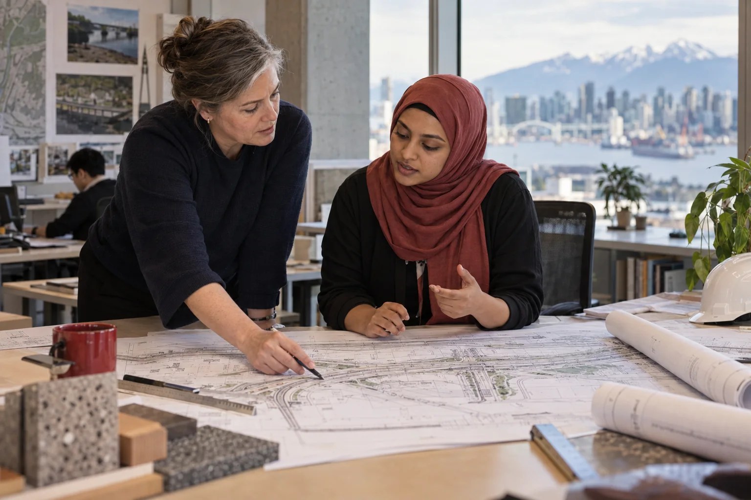Two engineers discussing a civil engineering plan in a Vancouver office