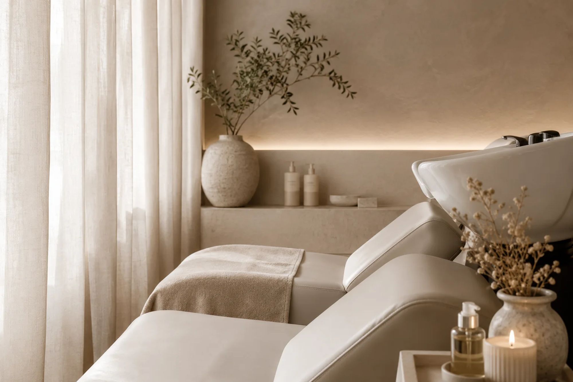 Warmer NÉA Hair-Spa-Bereich mit natürlichen Materialien