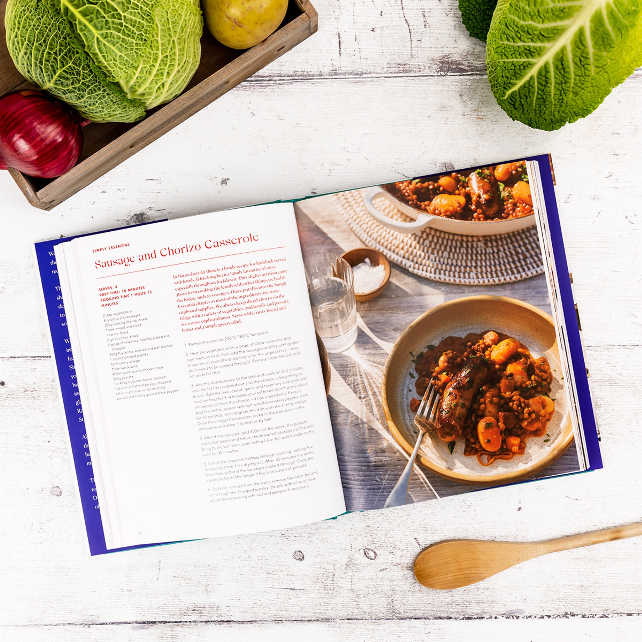 Marcus' Kitchen cookbook open to Sausage and Chorizo Casserole recipe