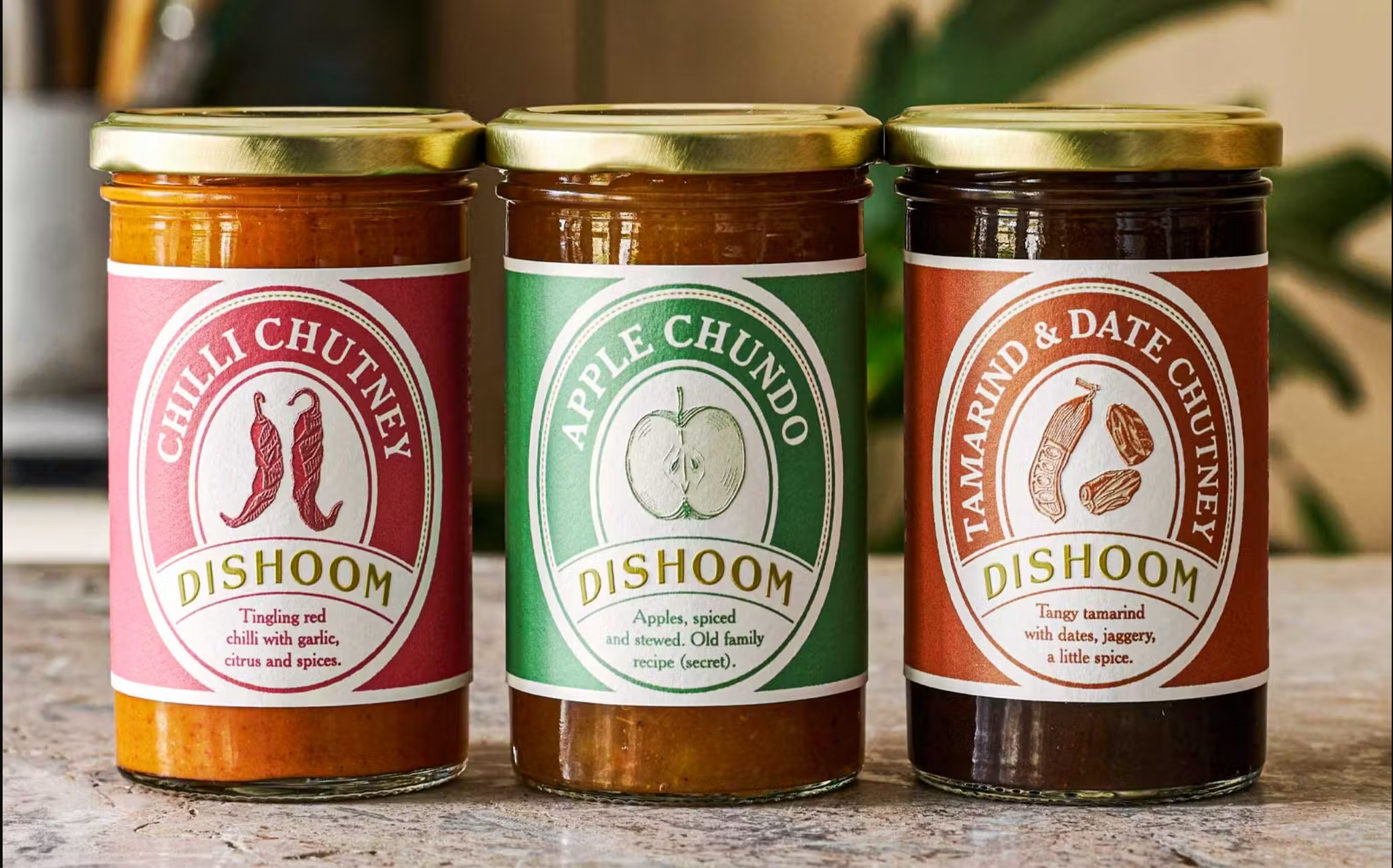 Three Dishoom chutneys lined up left to right: chilli, apple and tamarind and date
