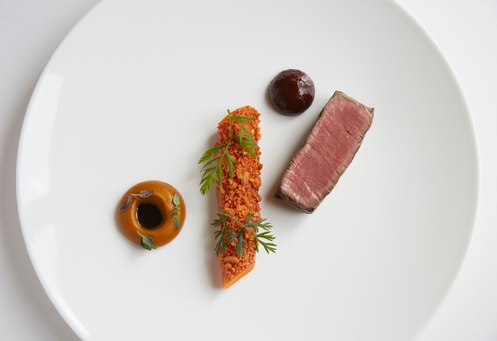Overhead shot of Galloway beef and carrot dish from Marcus Belgravia