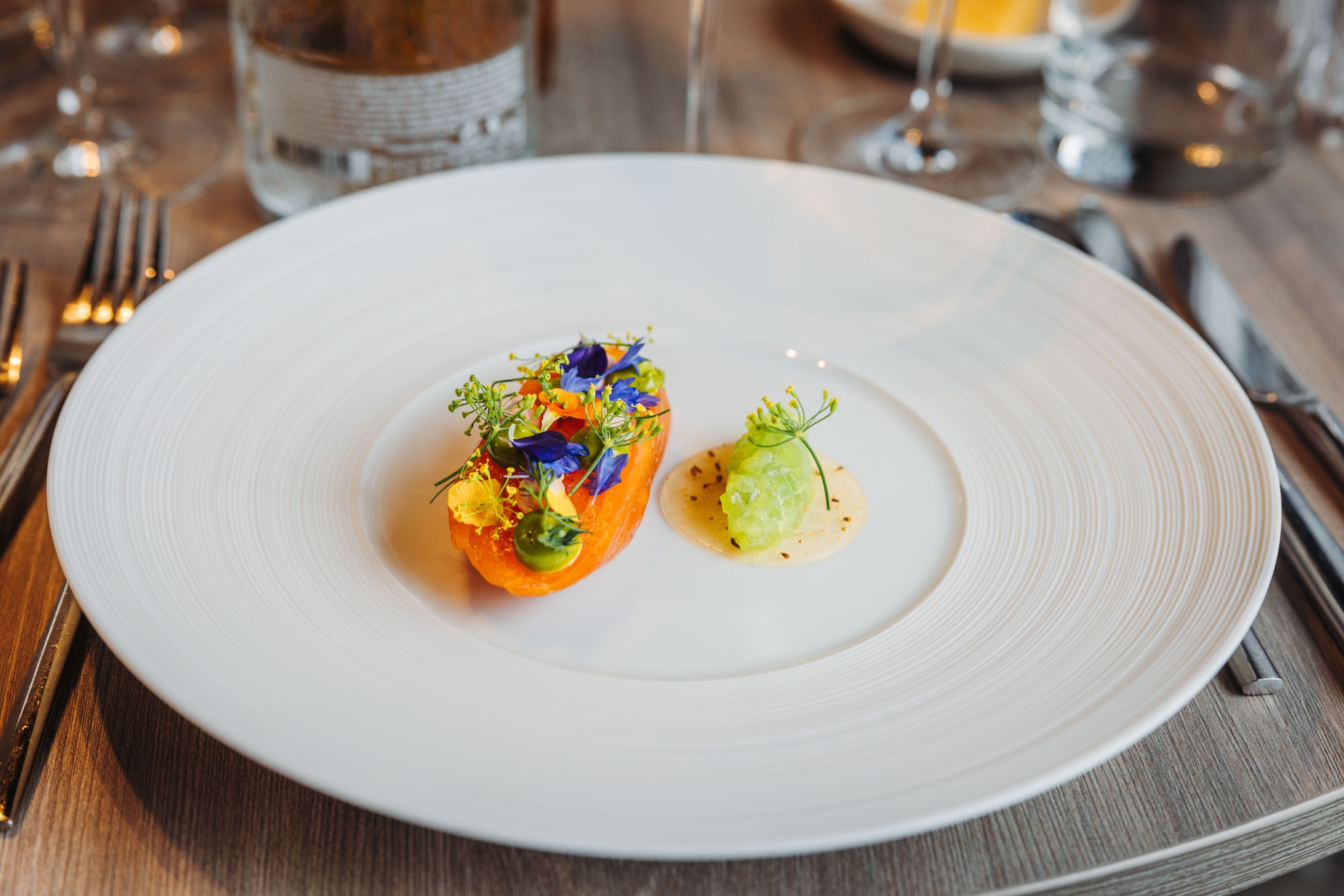 Chalk Stream trout dish from Marcus Wareing at Rosewater Pavilion at the 2023 Wimbledon Championships
