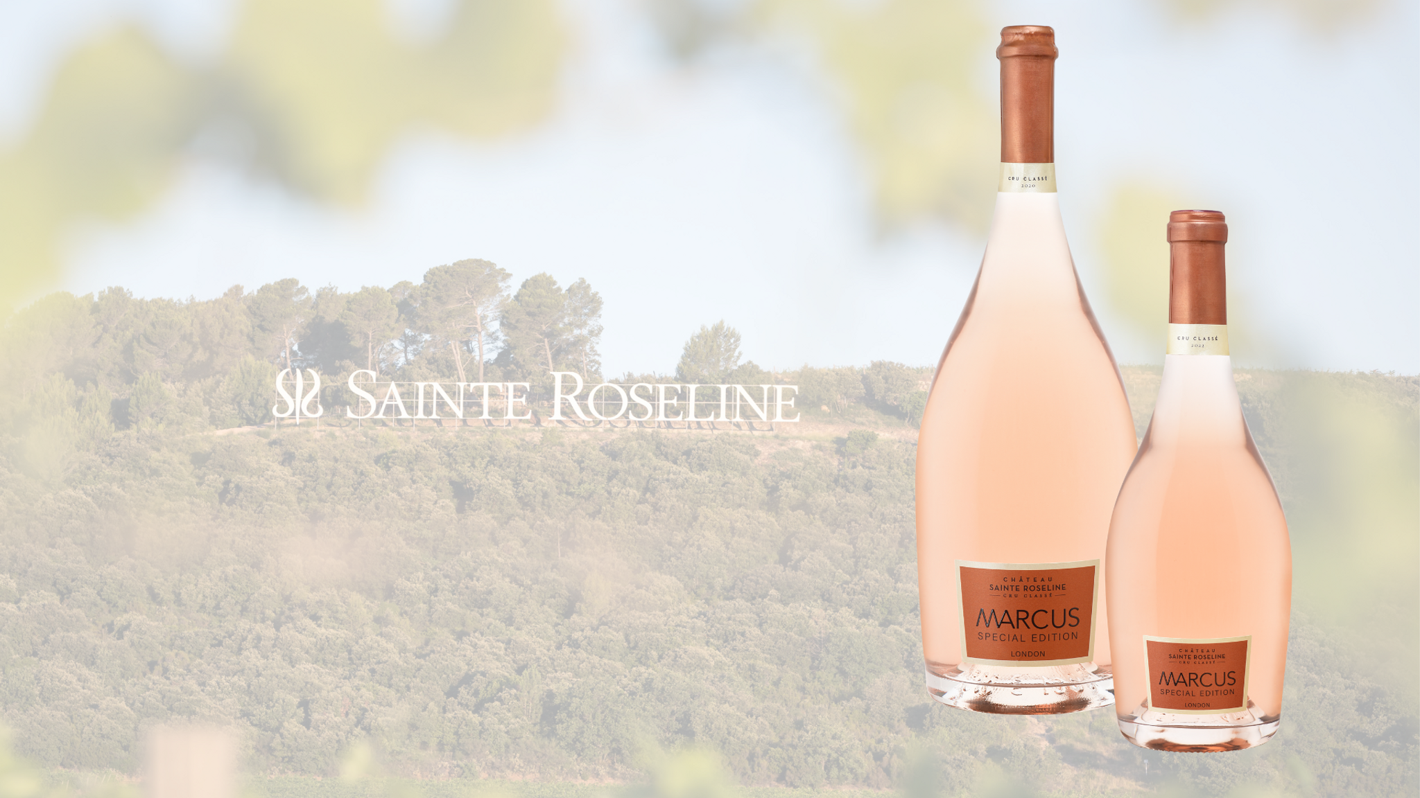 Marcus Special Edition rose bottle overlaid on wide shot of Chateau Sainte Roseline 