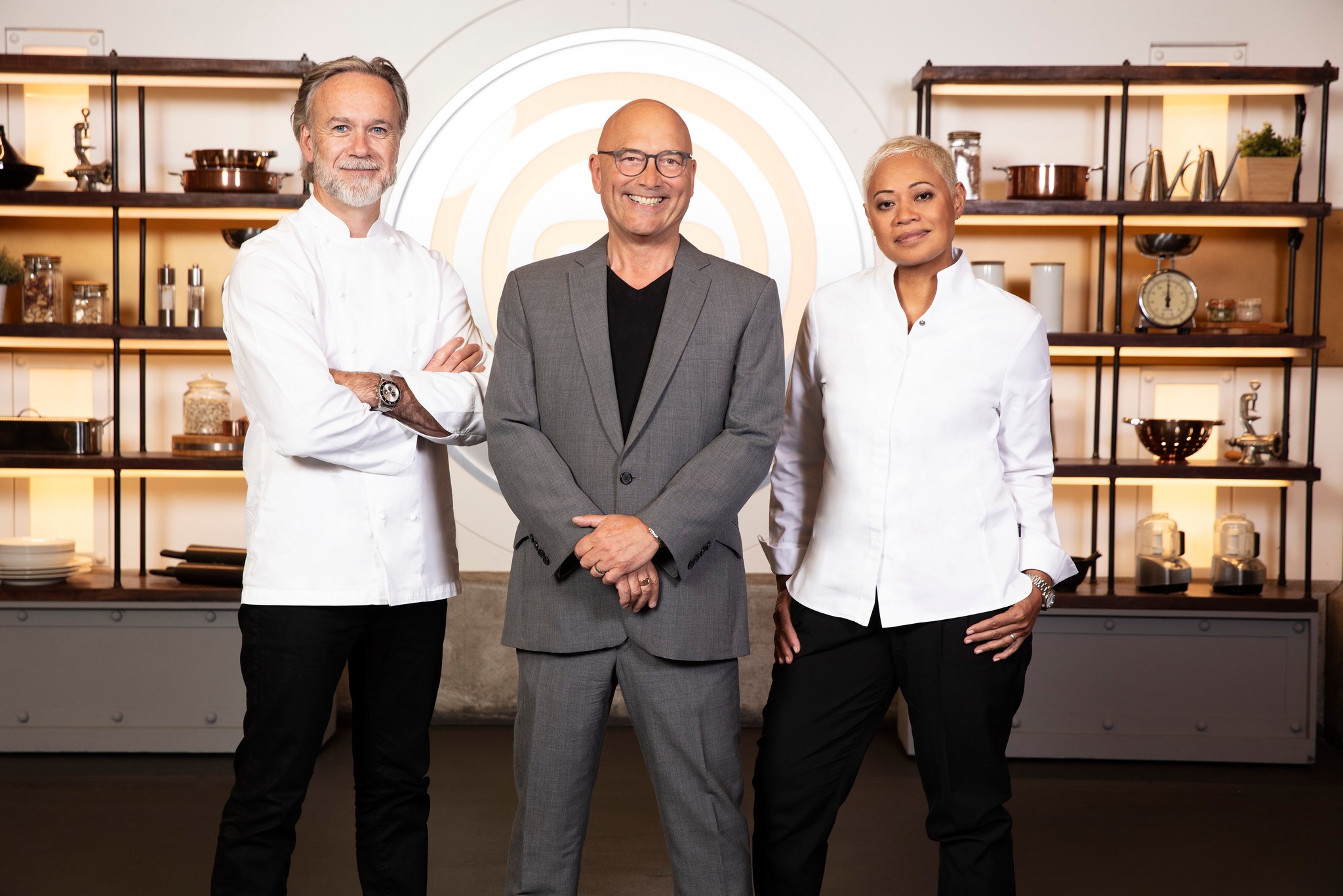Marcus Wareing, Gregg Wallace and Monica Galetti posing on the set of MasterChef:The Professionals 