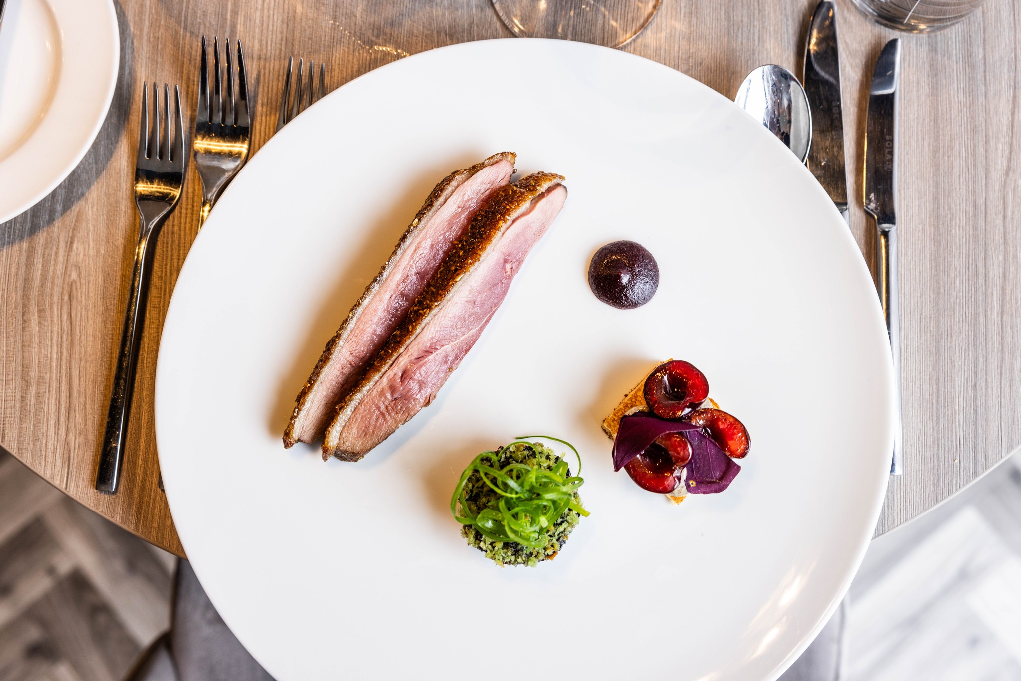 Devonshire duck dish from Marcus Wareing at the Rosewater Pavilion at the 2023 Wimbledon Championships 