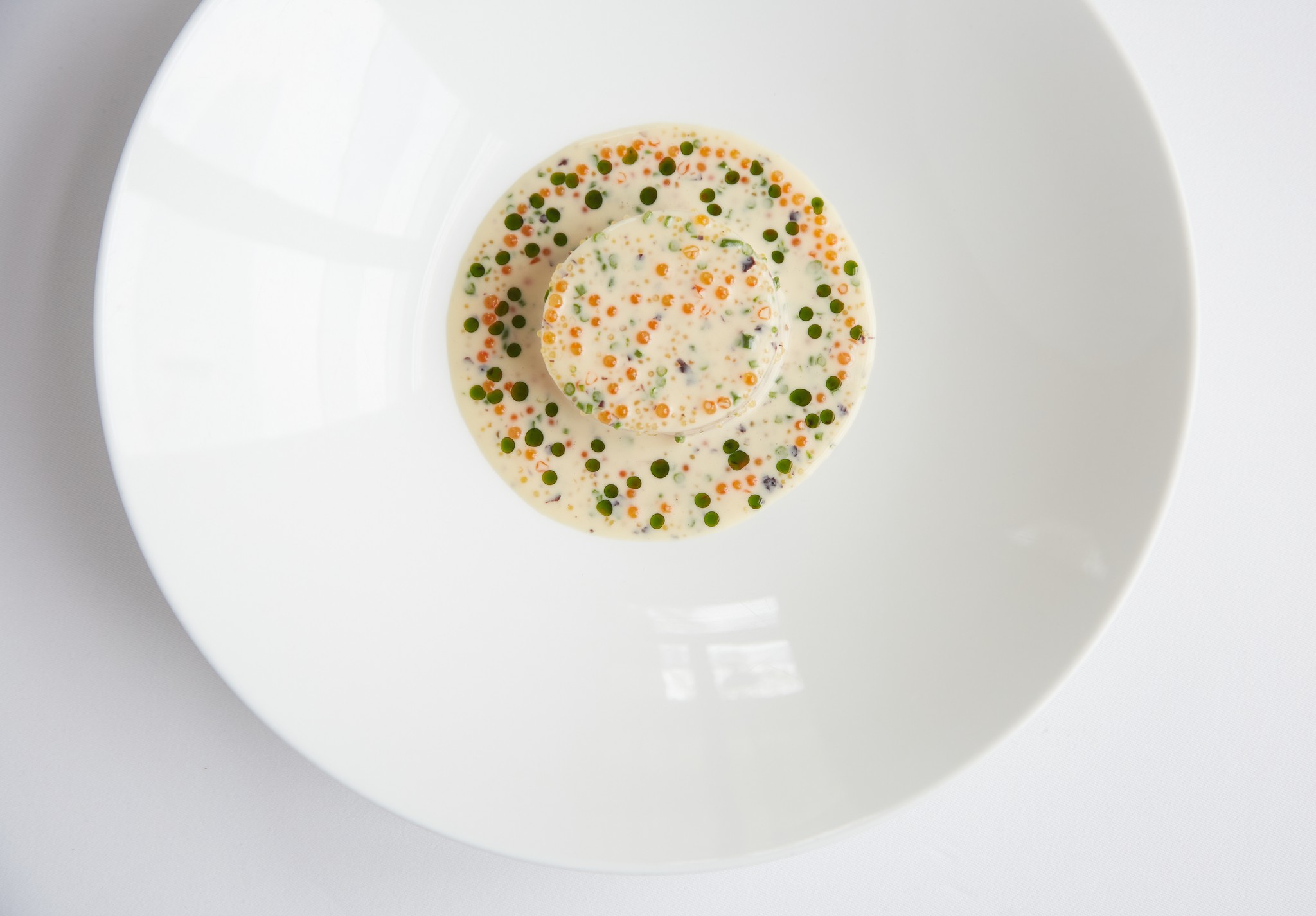 Overhead shot of Cornish cod, smoked roe and dulse dish from Marcus Restaurant 