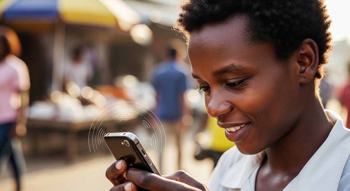 A person smiles at the phone in their hands at a sunlit open-air market, with faint signal arcs drawn radiating from the handset.