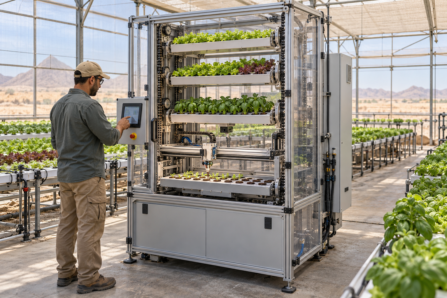 Prototype de culture verticale avec étagères rotatives, mécanisme robotisé et équipements de suivi des plantes.