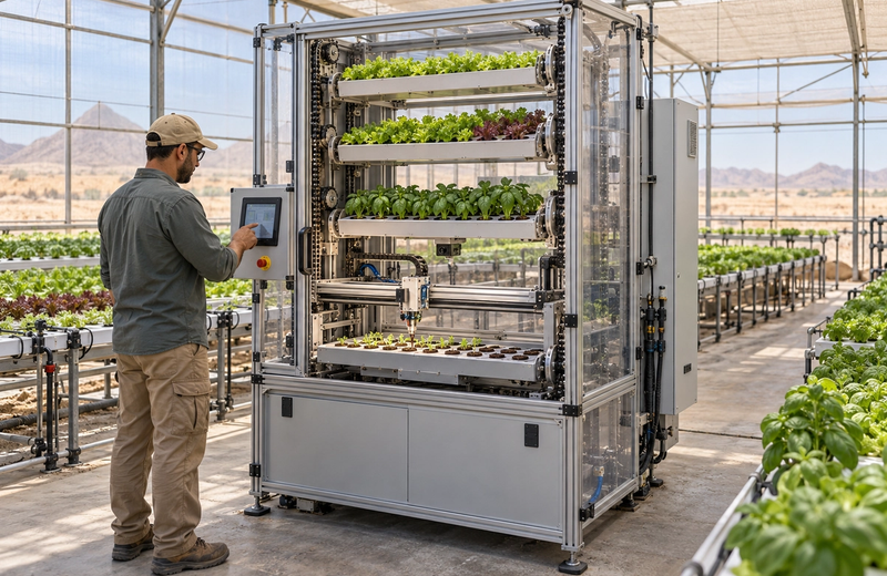 Prototype de culture verticale avec étagères rotatives, mécanisme robotisé et équipements de suivi des plantes.