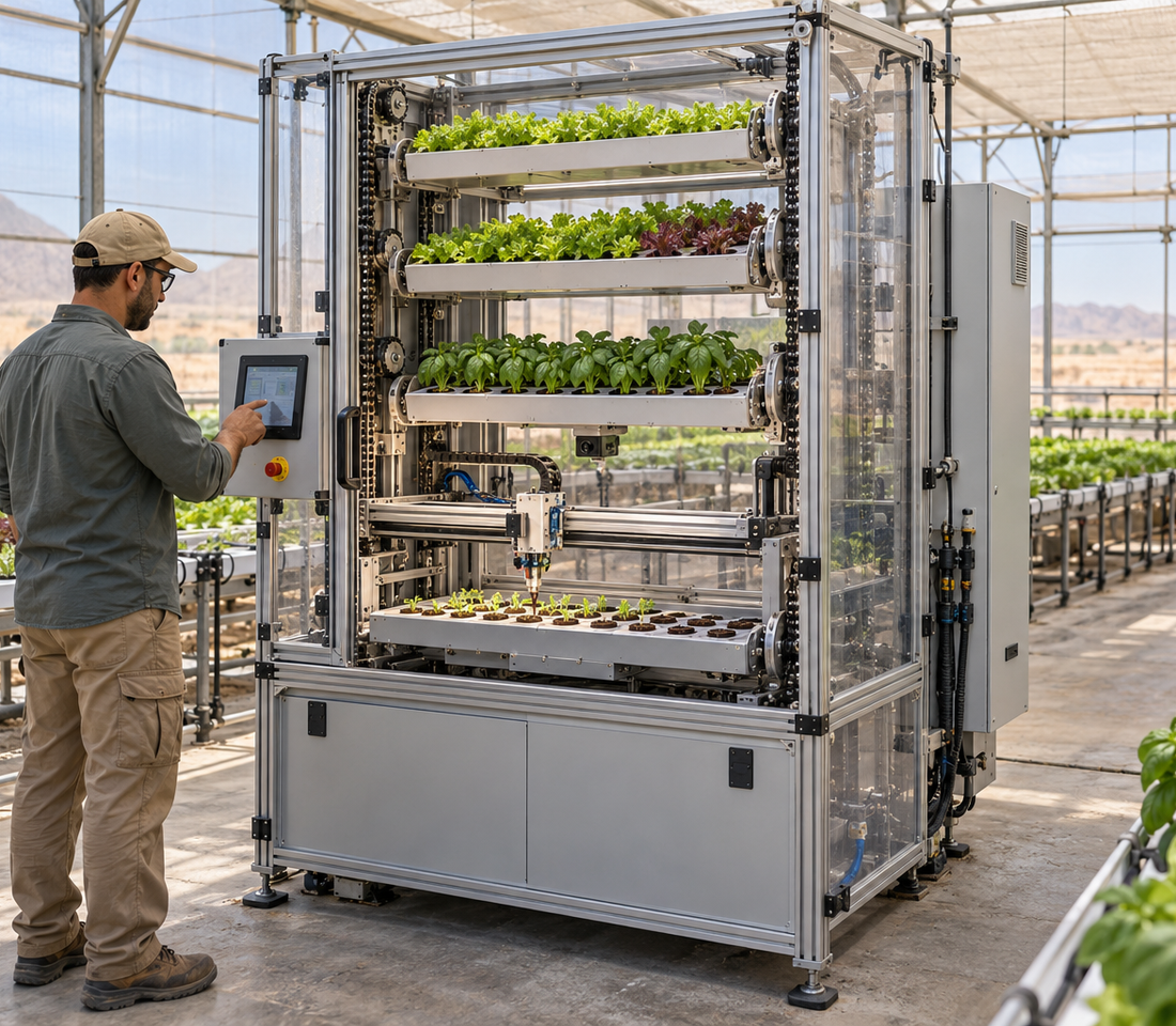 Prototype de culture verticale avec étagères rotatives, mécanisme robotisé et équipements de suivi des plantes.
