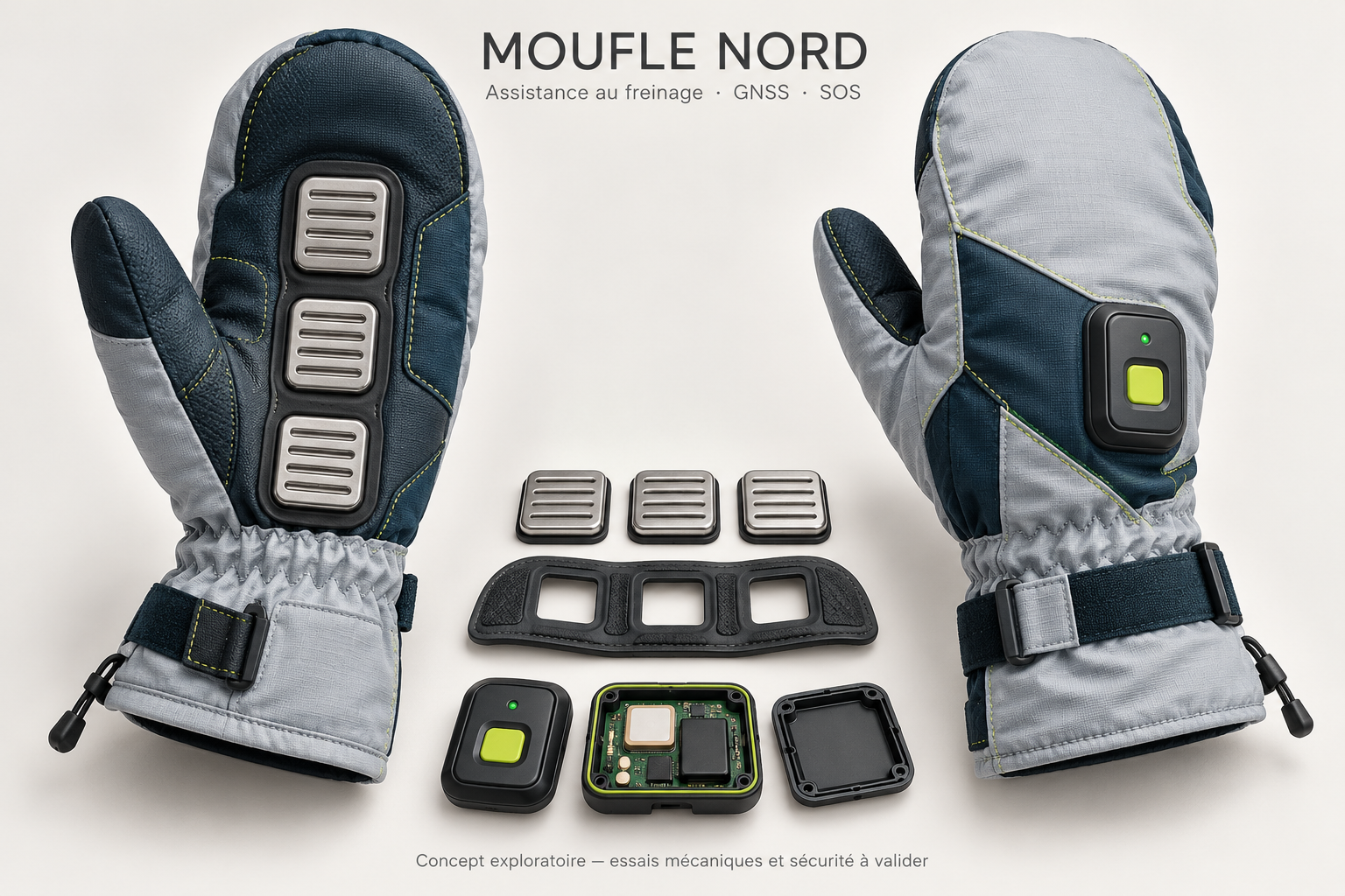 Prototype de gant bleu et noir équipé de quatre griffes courtes en acier inoxydable intégrées sous la main, présenté dans un environnement montagneux enneigé.