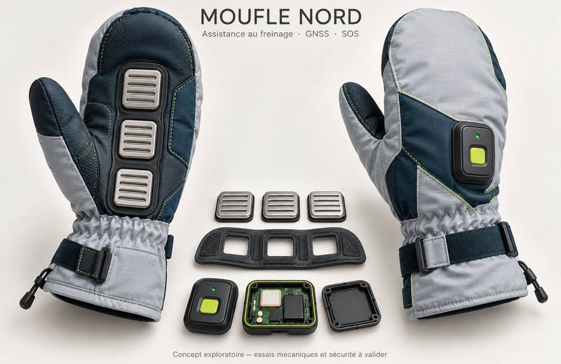 Prototype de gant bleu et noir équipé de quatre griffes courtes en acier inoxydable intégrées sous la main, présenté dans un environnement montagneux enneigé.