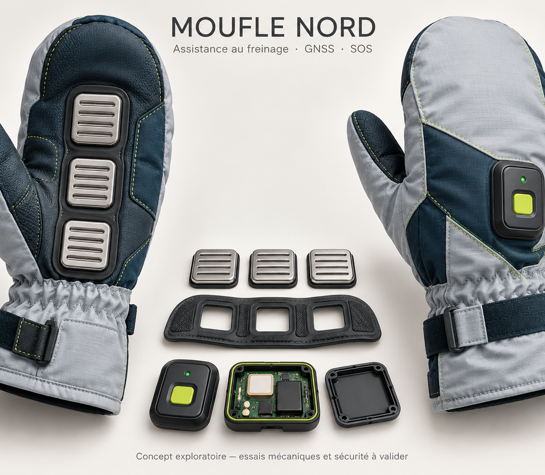 Prototype de gant bleu et noir équipé de quatre griffes courtes en acier inoxydable intégrées sous la main, présenté dans un environnement montagneux enneigé.