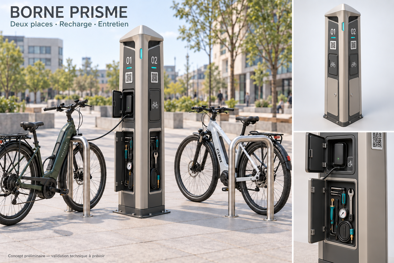 Borne Smart Bike Station avec une structure métallique centrale et deux emplacements vélo disposés de part et d’autre.