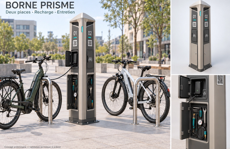 Borne Smart Bike Station avec une structure métallique centrale et deux emplacements vélo disposés de part et d’autre.