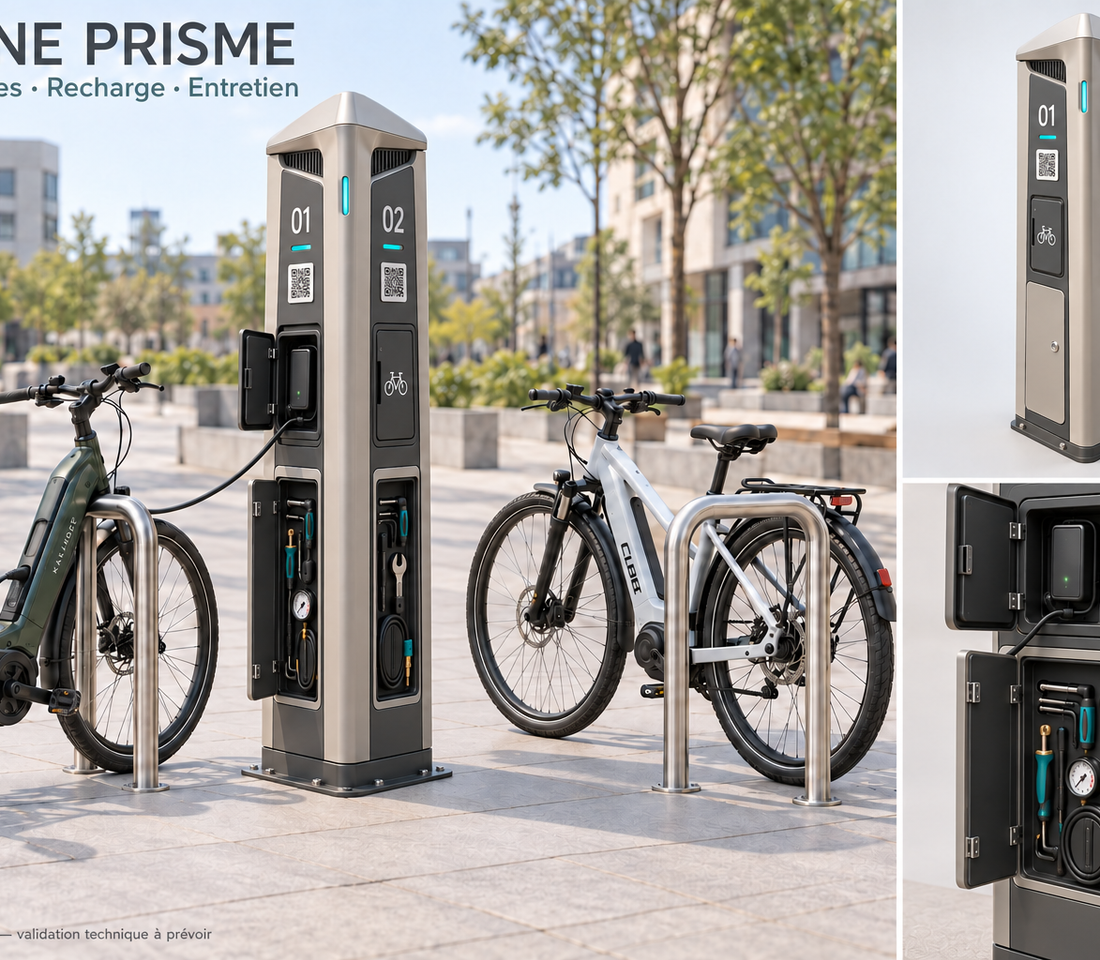 Borne Smart Bike Station avec une structure métallique centrale et deux emplacements vélo disposés de part et d’autre.