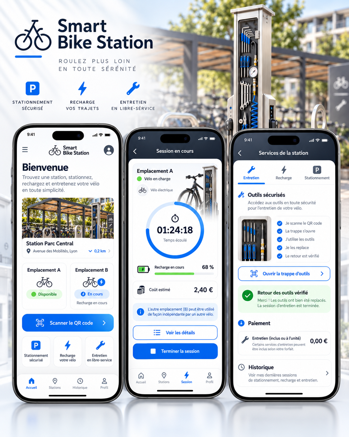 Borne de recharge et de maintenance pour vélos