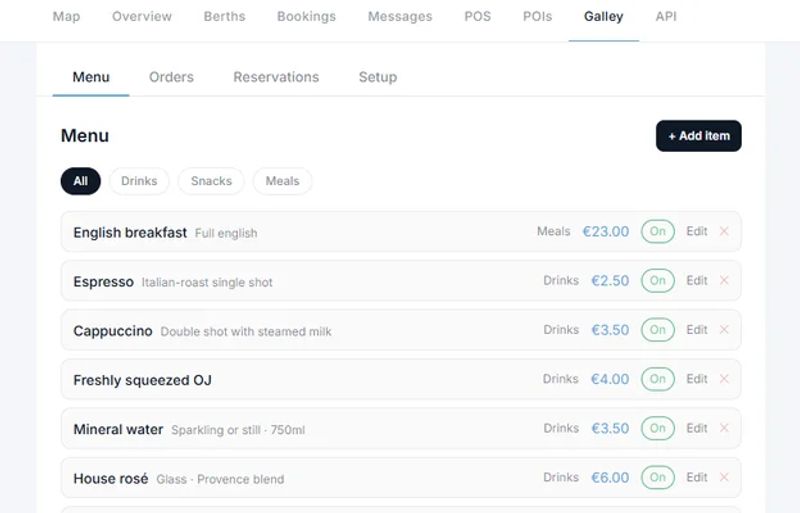 Marina galley with menu and live ordering