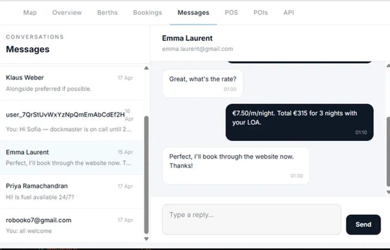 Marina messages inbox with live sailor conversations
