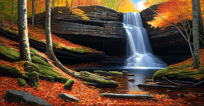 A beautiful waterfall surrounded by colorful autumn trees and sunlight filtering through the leaves.