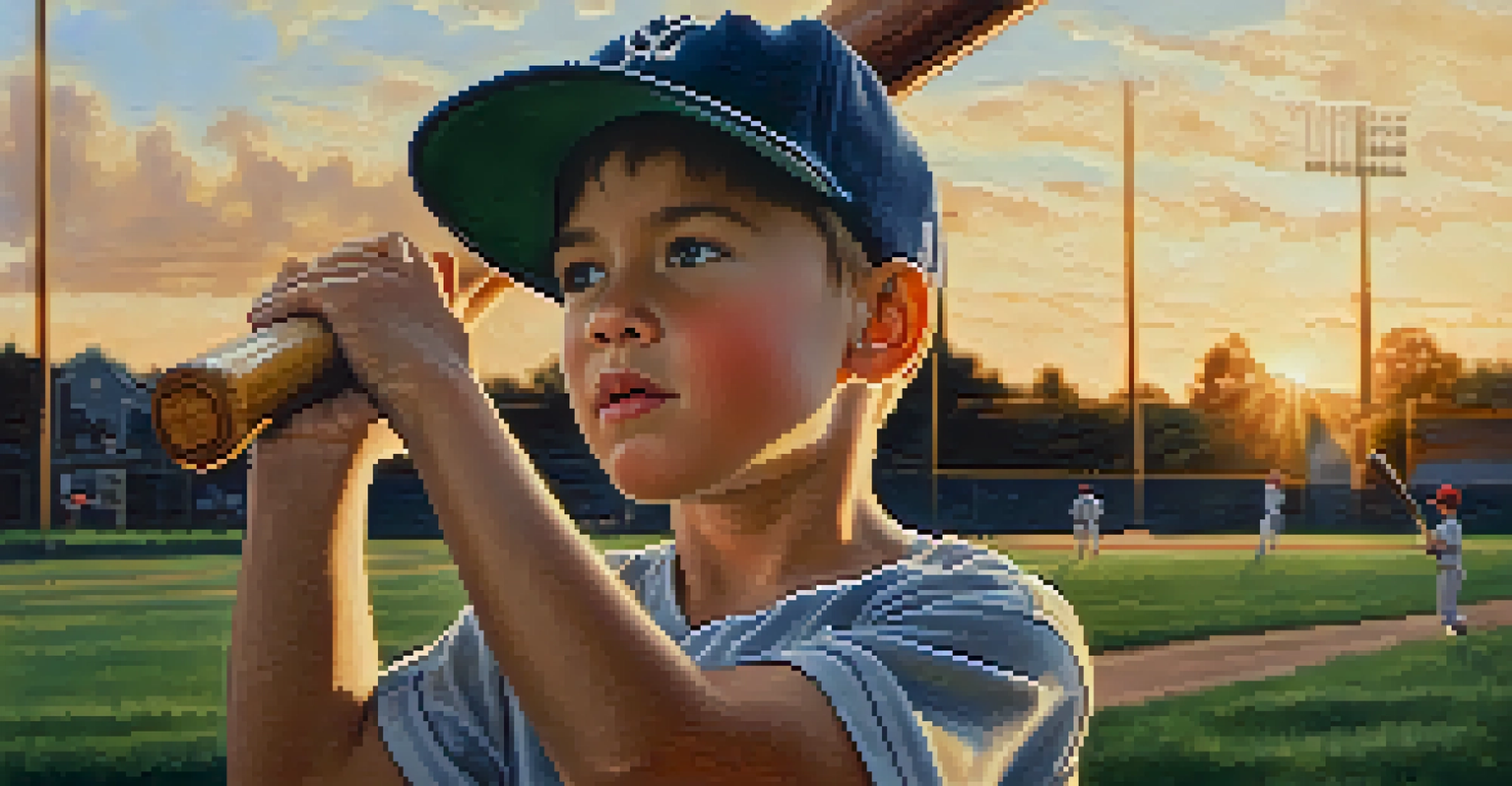 A young boy practicing his baseball swing on a community field during sunset, showcasing determination and joy.