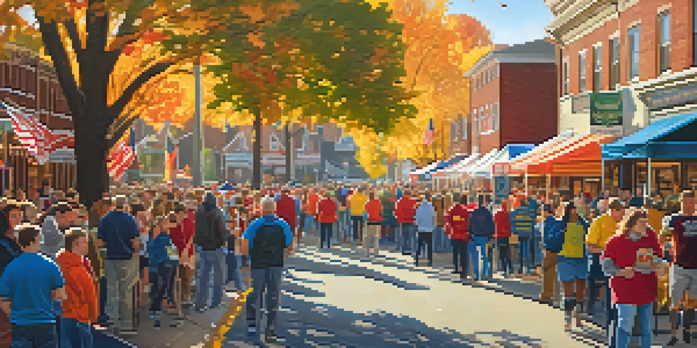 A lively street filled with fans wearing sports jerseys, celebrating a game day in Pennsylvania, with food vendors and vibrant autumn colors.