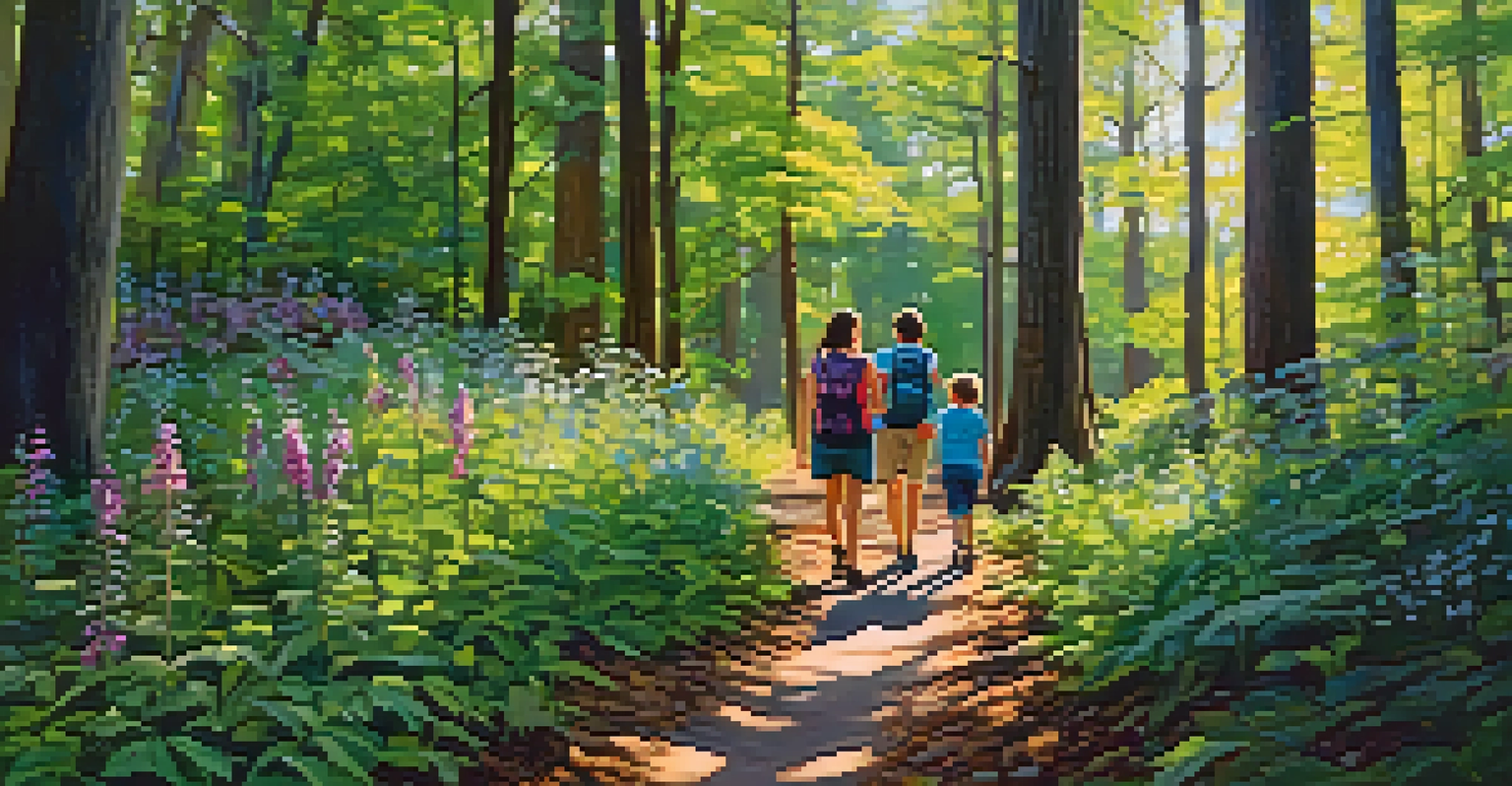 A family hiking on a trail at Raccoon Creek State Park, surrounded by trees and wildflowers, with children observing wildlife.
