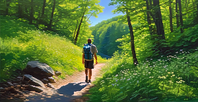 A hiker walking on a lush green trail in Pennsylvania, surrounded by trees and wildflowers under a blue sky.
