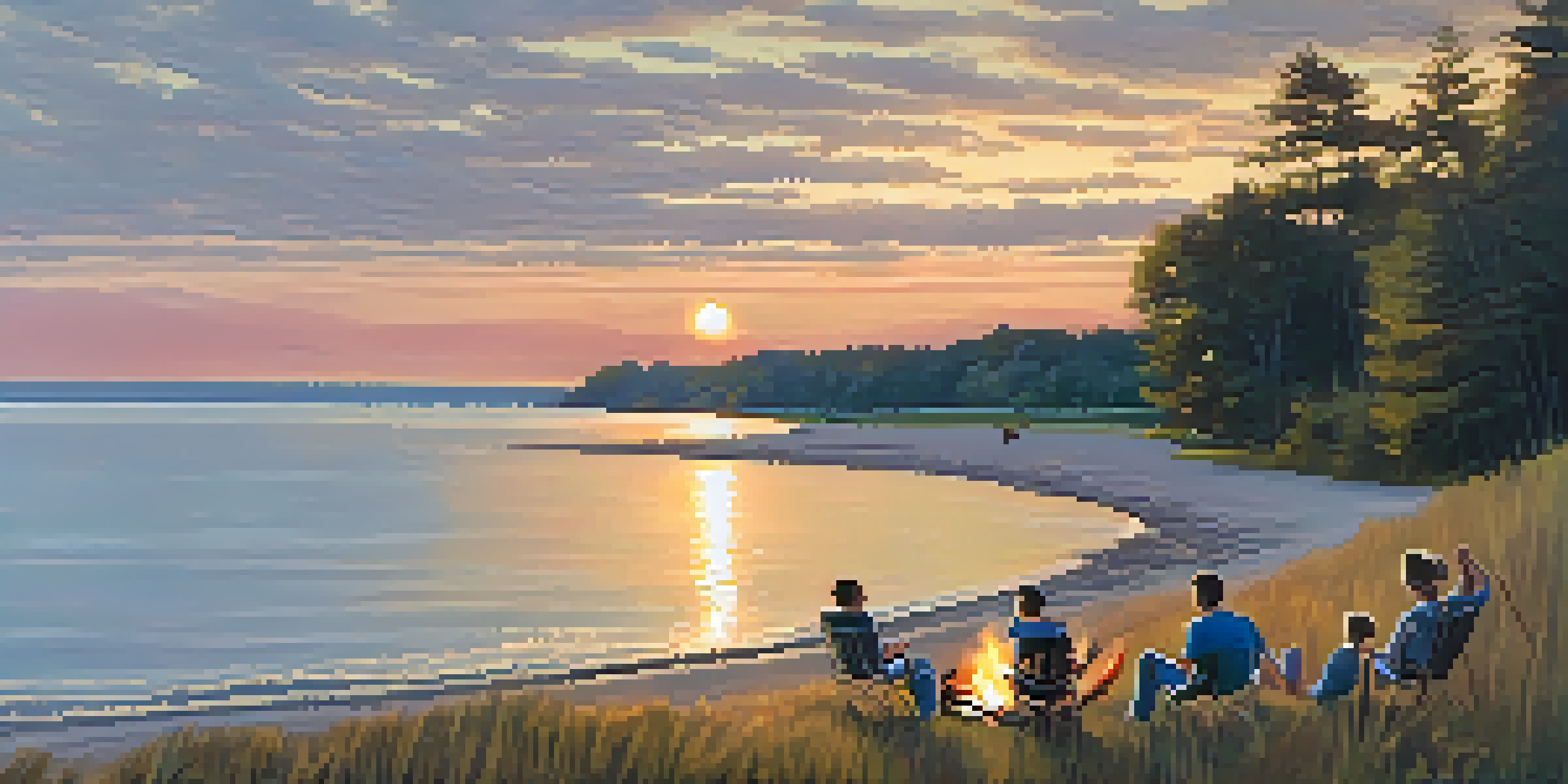 A family gathered around a campfire on the sandy shores of Lake Erie at sunset, with golden reflections on the water.