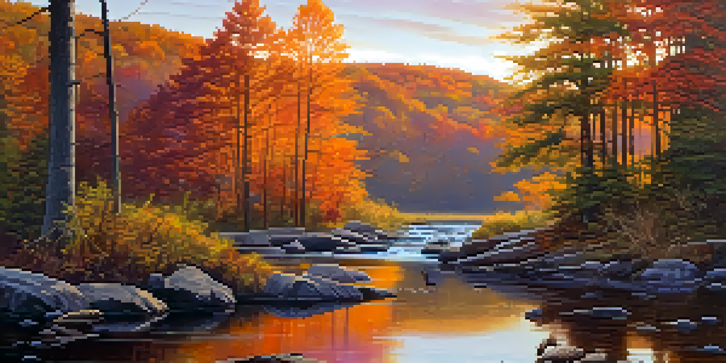 A peaceful scene in Allegheny National Forest with autumn trees, a stream, and a deer drinking water at sunset.
