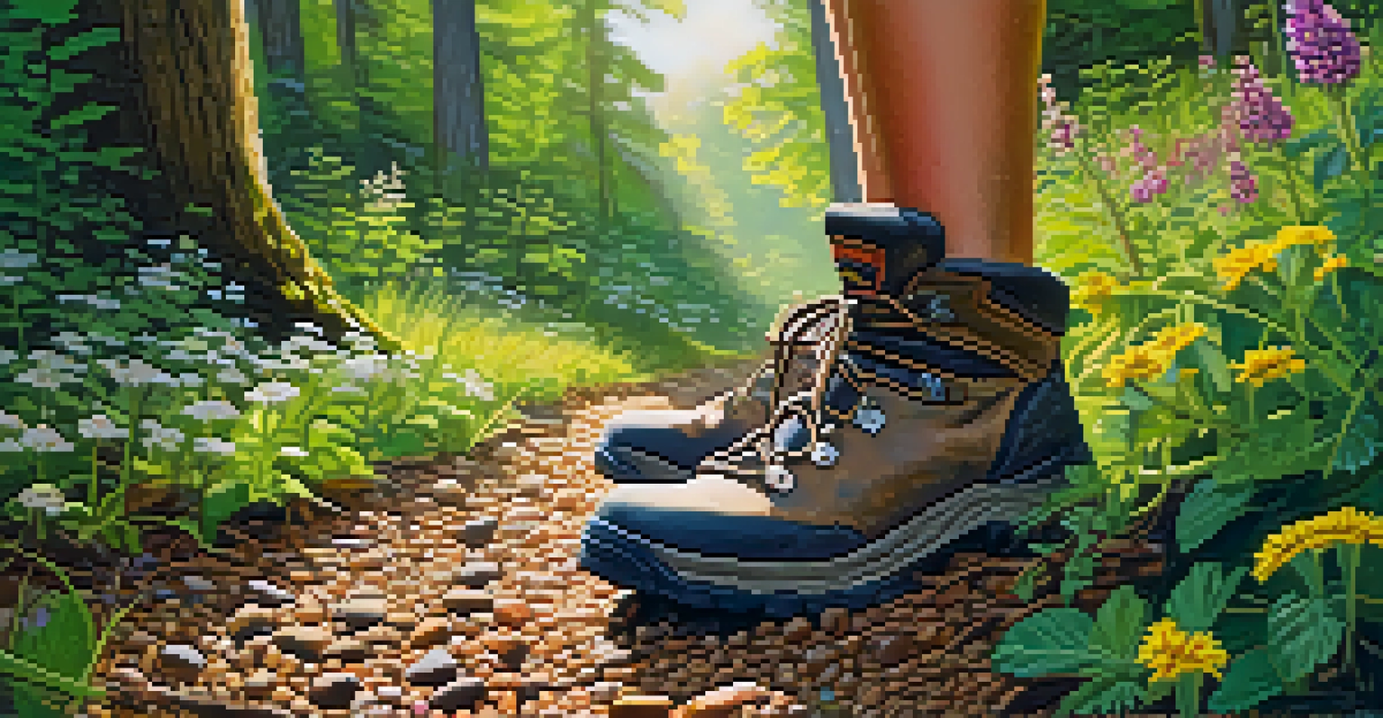 A close-up of a hiker's boot on the Appalachian Trail surrounded by greenery and wildflowers.