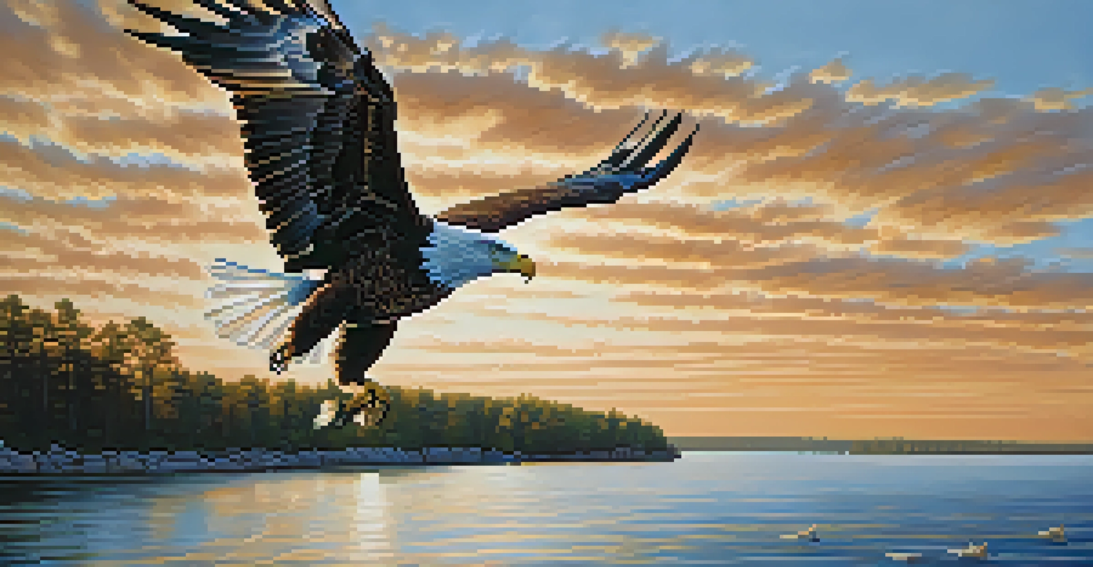 A bald eagle flying high in the sky over Lake Erie with Presque Isle State Park in the background.