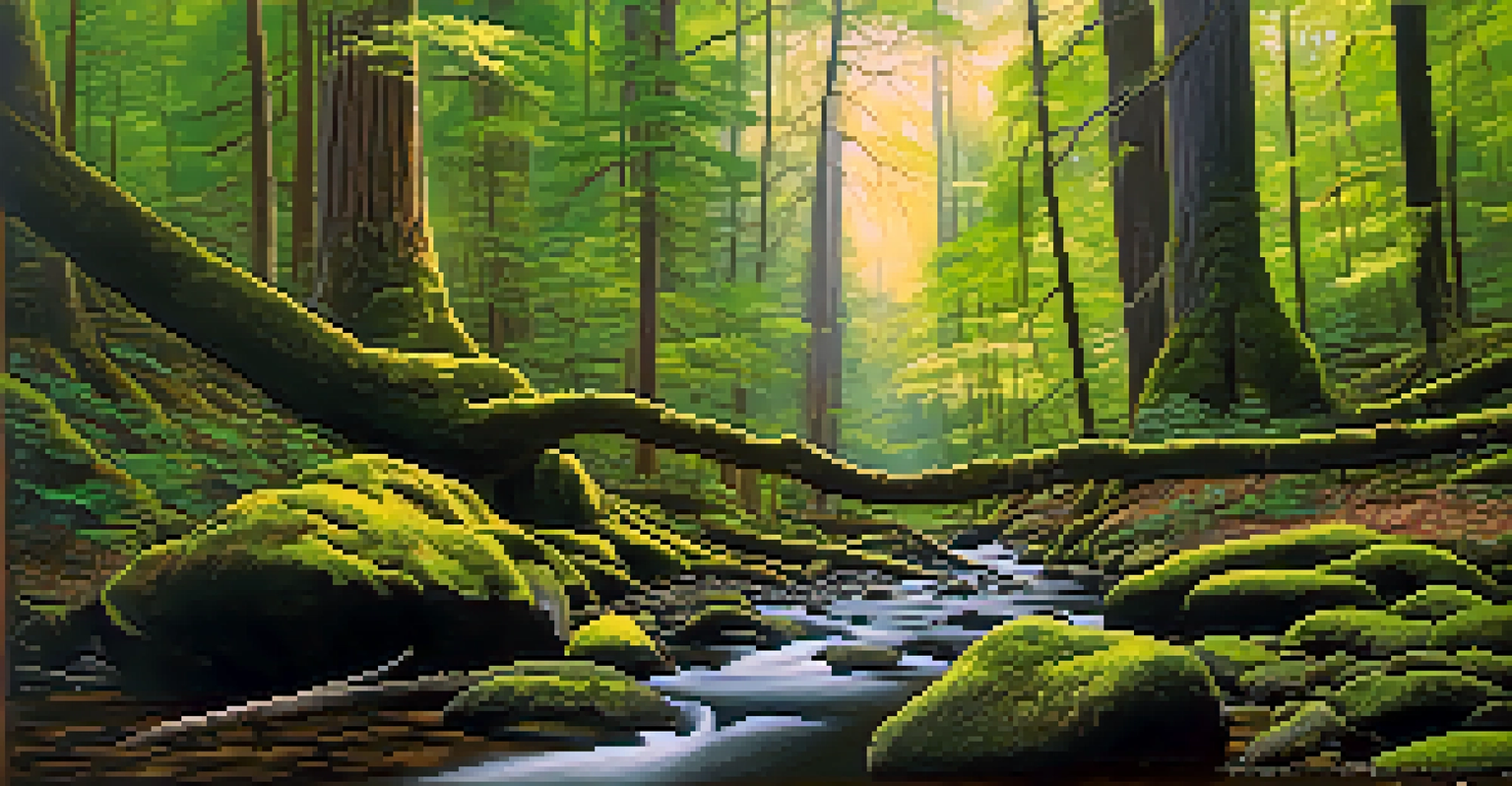 A majestic old-growth forest in Cook Forest State Park with tall trees and sunlight filtering through the leaves, alongside a tranquil river.
