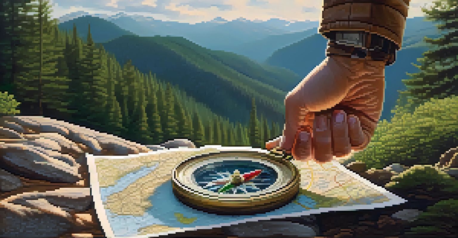 A hand holding a compass and a map against a rocky terrain and forest backdrop, symbolizing adventure.