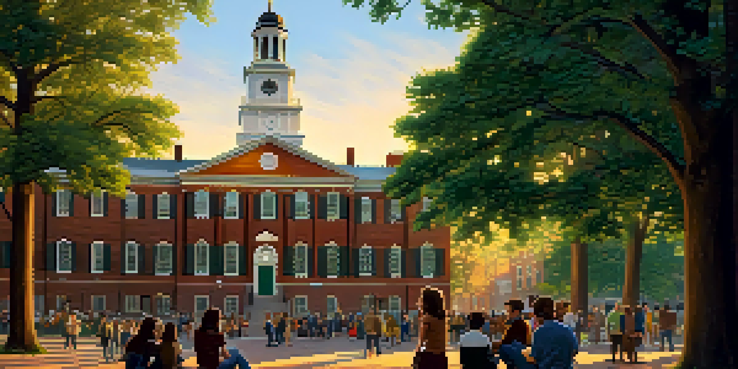 A picturesque sunset view of Independence Hall with people discussing in front, surrounded by trees.