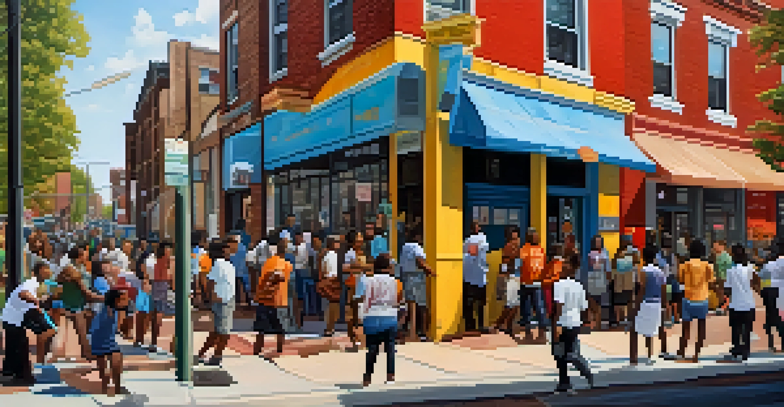 A lively street scene in Philadelphia with community members engaged in a social justice project amidst vibrant murals.