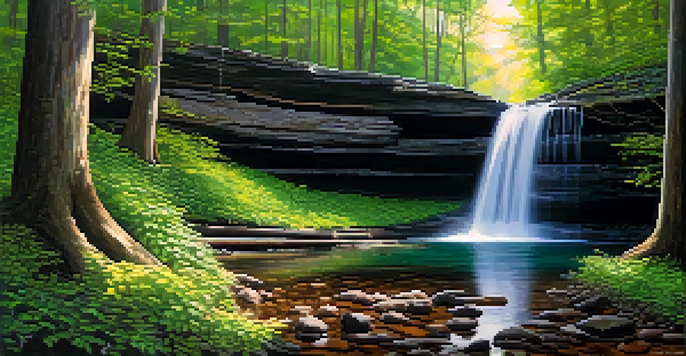 A beautiful waterfall surrounded by dense greenery in Ricketts Glen State Park, with sunlight creating patterns on the ground.