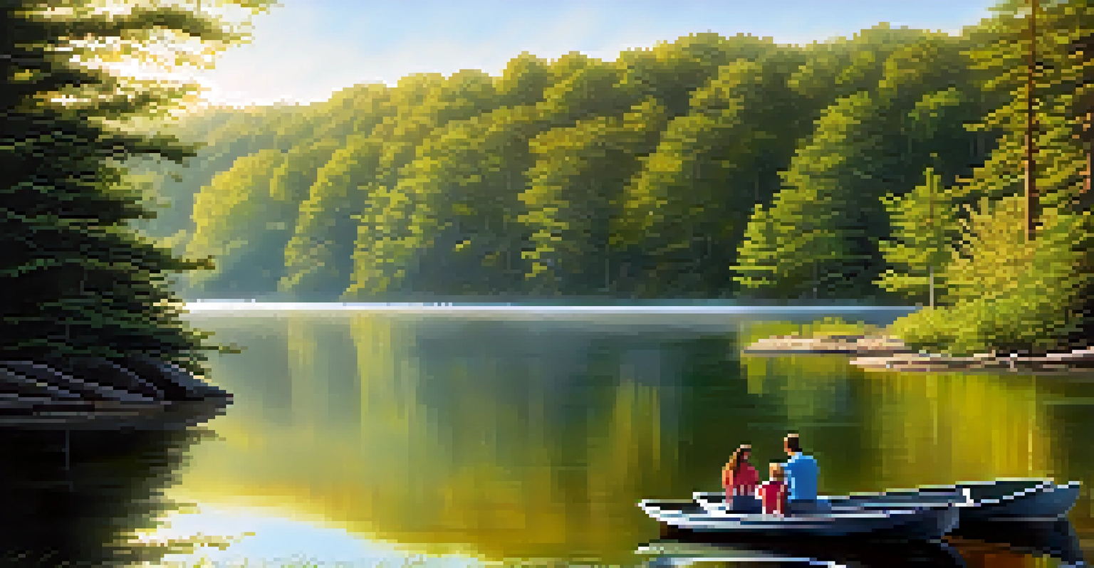 A tranquil morning view of Laurel Hill State Park with a misty lake and a family picnic.