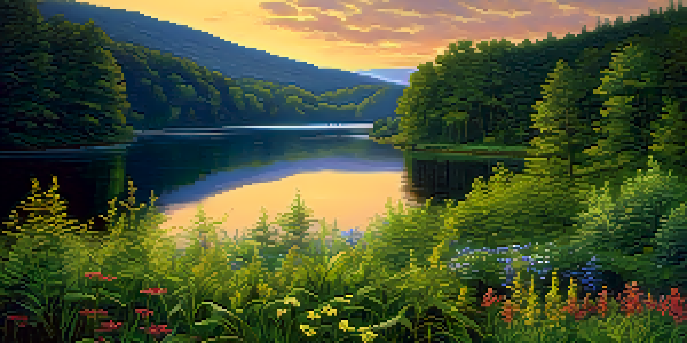 A picturesque sunset view of Allegheny National Forest with a winding river, lush trees, and blooming wildflowers.