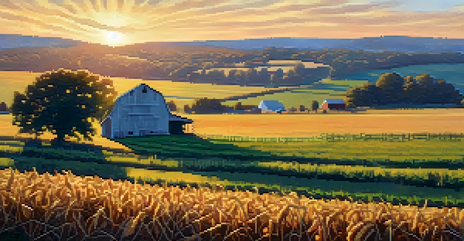 A beautiful farm landscape in Pennsylvania at sunset with fields and a rustic barn.