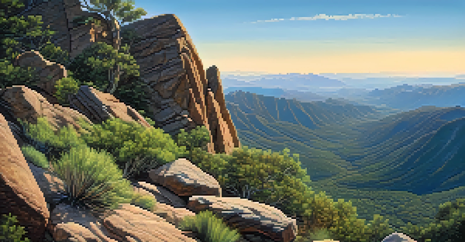 A panoramic view from a mountain summit showing rugged terrain and distant mountains.