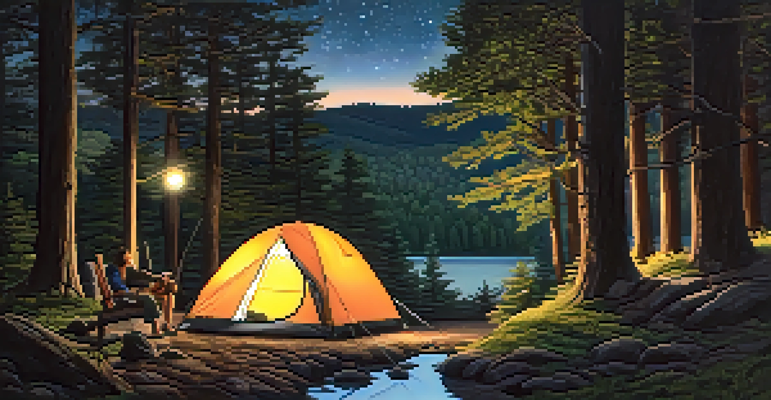 A peaceful campsite on the Appalachian Trail with a tent, campfire, and starry night sky.