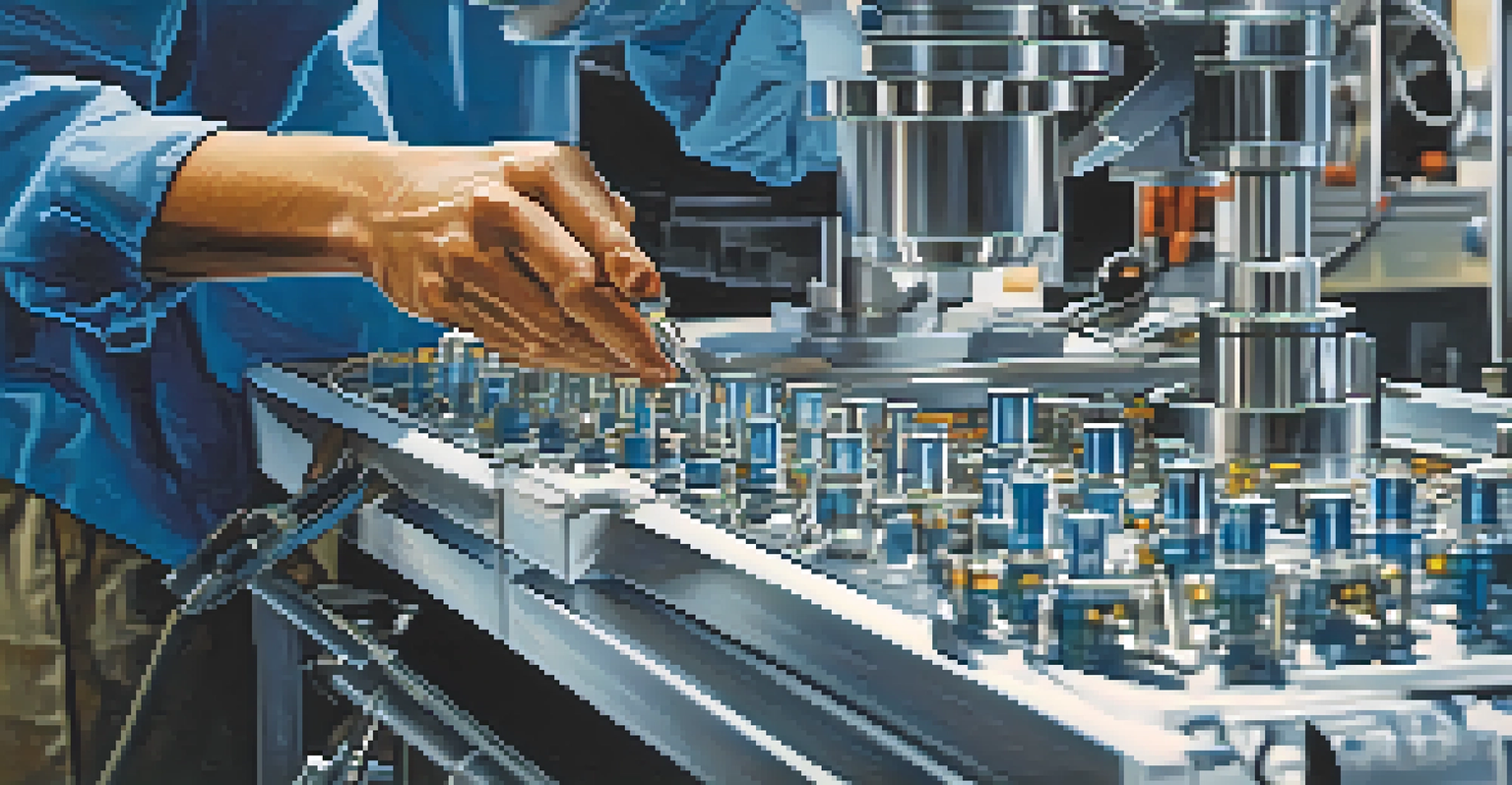 A close-up of hands assembling a medical device, showcasing precision work in a high-tech manufacturing environment.