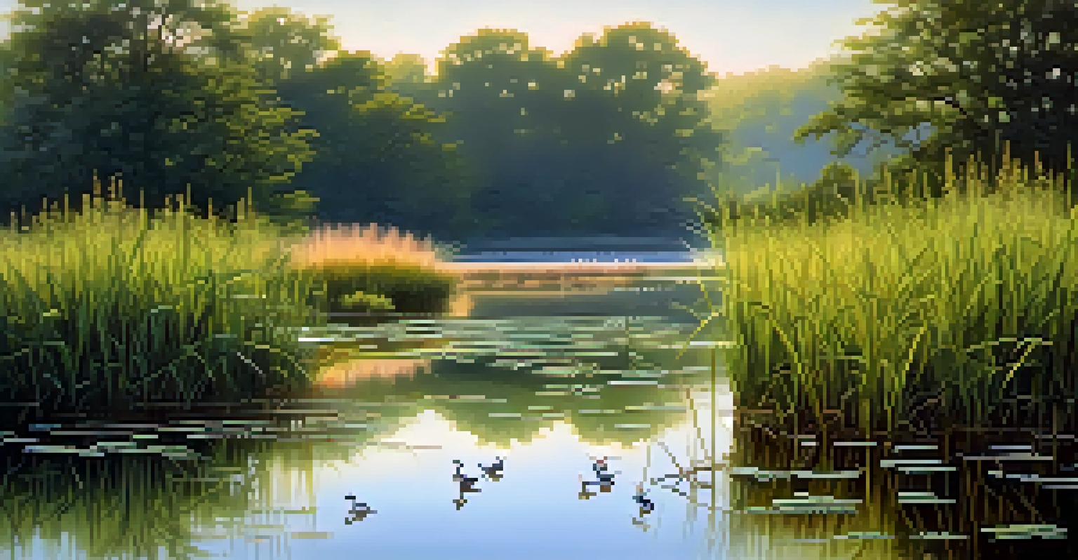 A wildlife refuge in Pennsylvania with migratory birds among lush greenery and wildflowers in the morning light.