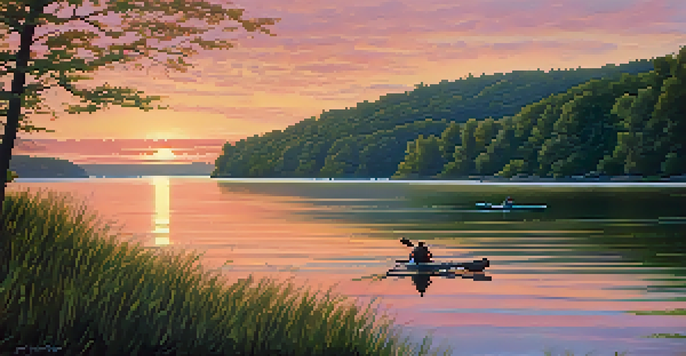 A peaceful sunset over the Susquehanna River with a kayaker on the water and a bald eagle flying in the sky.