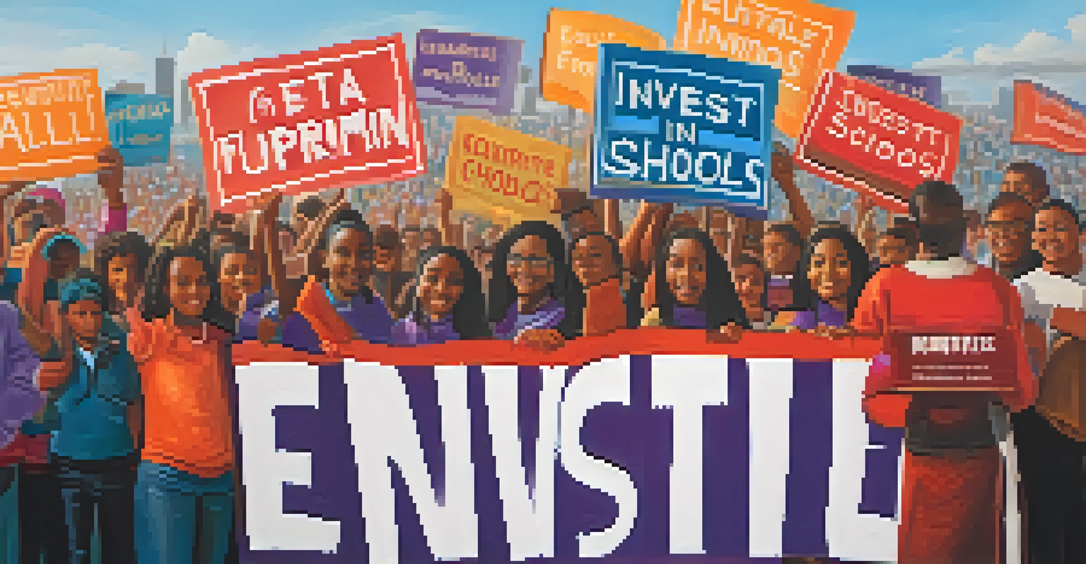 Close-up of diverse hands holding signs advocating for equitable education funding, with a rally crowd blurred in the background.
